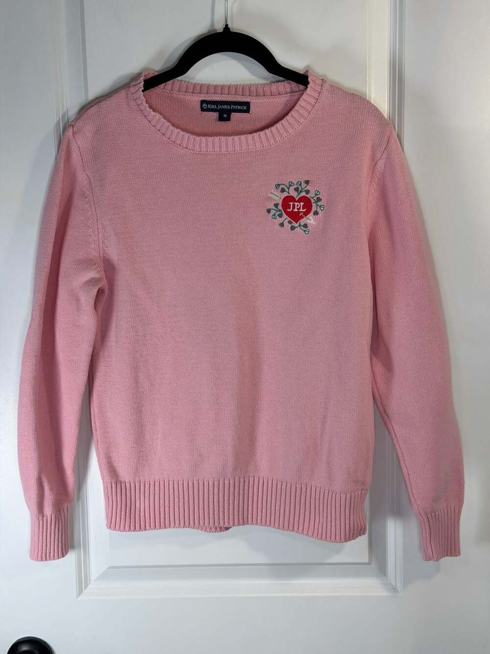 Kiel James Patrick Women's Pink Cotton-Linen Sweetheart Embroidered Sweater